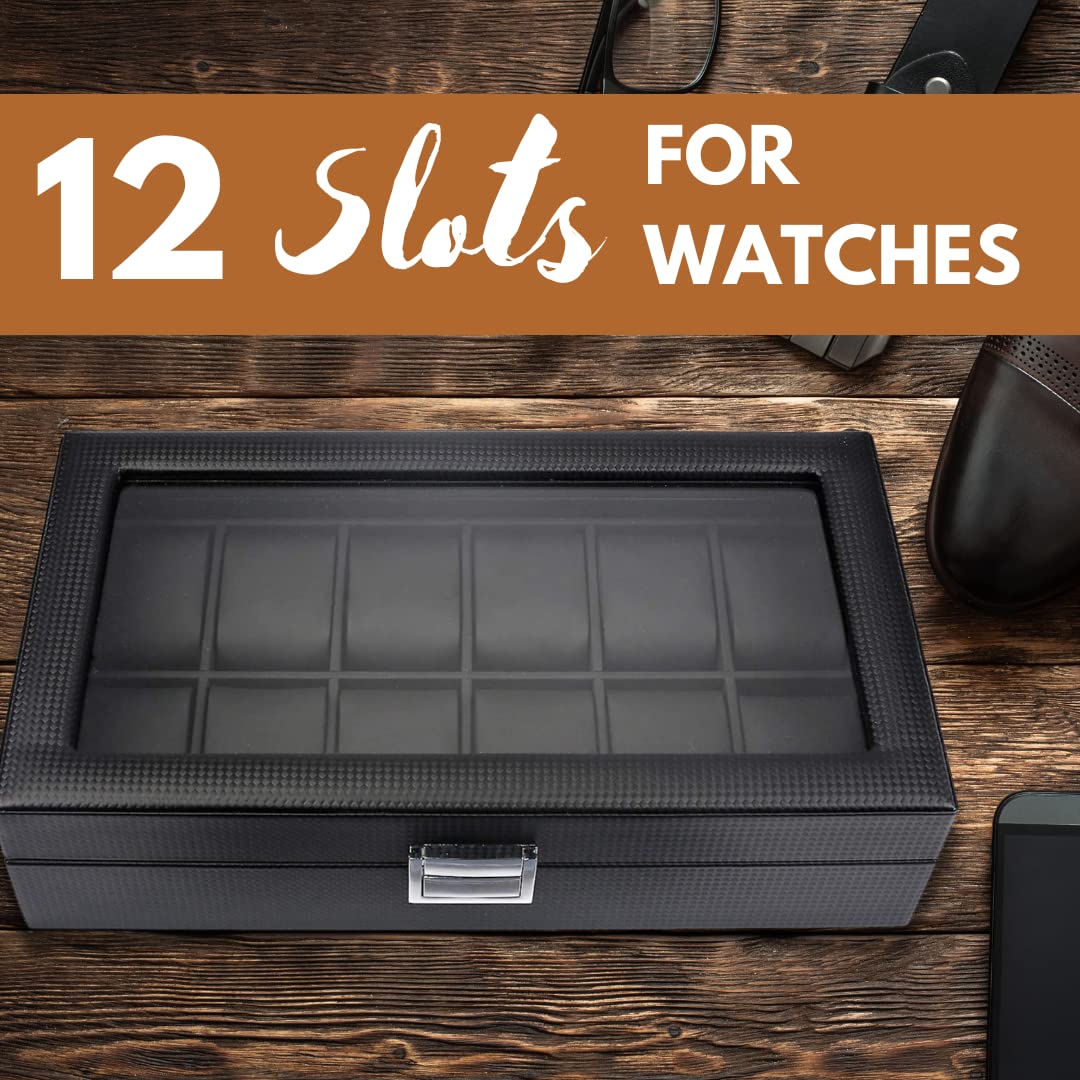 Mantello Watch Box - 12 Slot Watch Cases for Men- Watch Case with Large Glass Top - Watch Box Organizer for Men (Black)