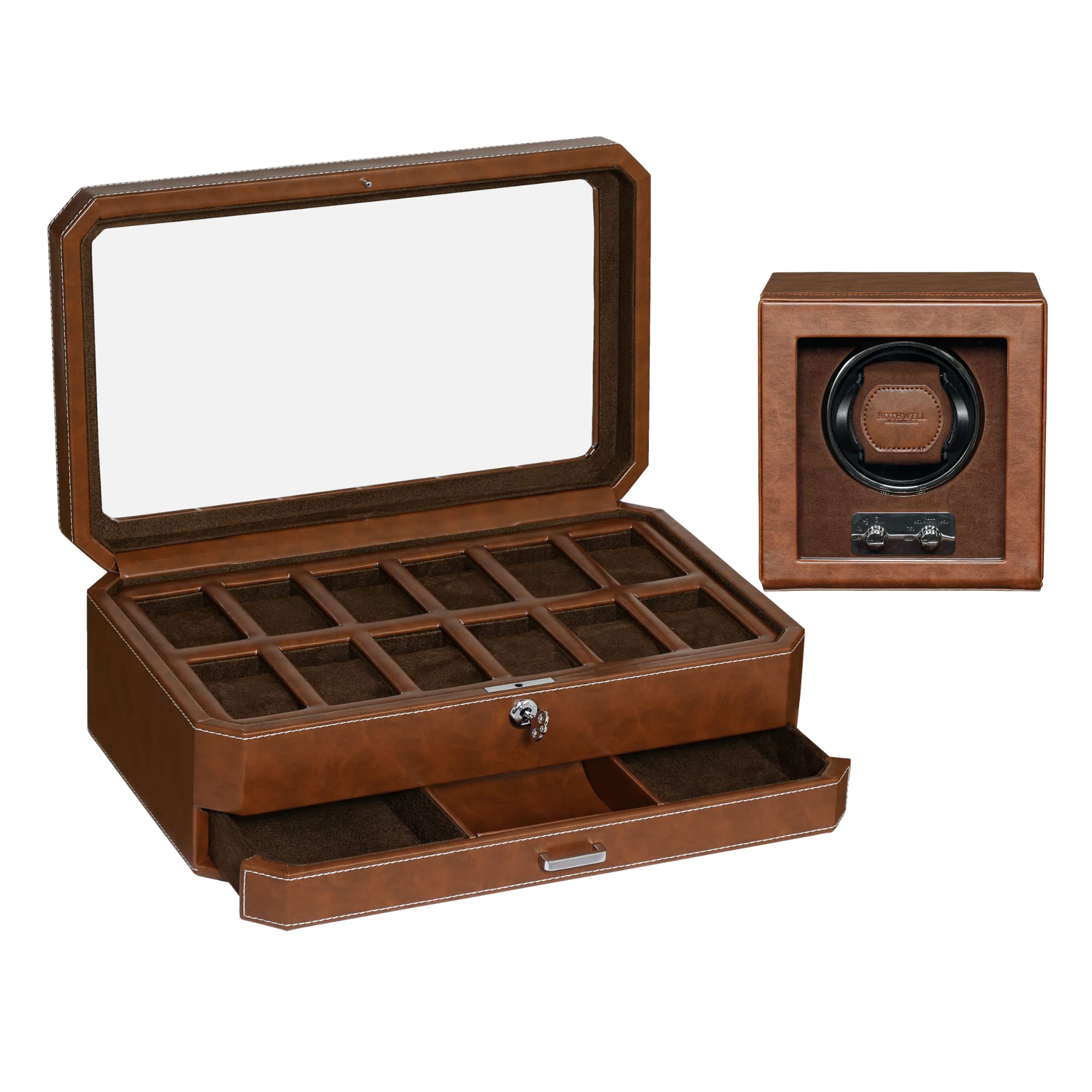 Gift Set 12 Slot Leather Watch Box with Valet Drawer & Matching Single Watch Winder - Luxury Watch Case Display Organizer, Locking Mens Jewelry Watches Holder, Men's Storage Boxes Glass Top Tan/Brown