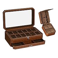 Gift Set 12 Slot Leather Watch Box with Valet Drawer & Matching 5 Watch Travel Case - Luxury Watch Case Display Organizer, Locking Mens Jewelry Watches Holder, Men's Storage Boxes Glass Top Tan/Brown