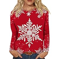 Women's Christmas Tops 2023 Fashion Round Neck Long Sleeve Christmas Snowflake Print Tees Fit Pullover Sweatshirt