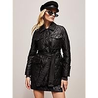 Womens Jackets Jackets for Women Flap Pocket Raglan Sleeve Belted Argyle Quilted Coat (Color : Black, Size : Small)