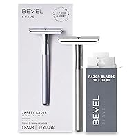 Bevel Safety Razor with Brass Weighted Handle and 10 Double Edge Safety Blade Refills, Single Blade Razor for Men, Designed for Coarse Hair to Prevent Razor Bumps - Silver (Packaging May Vary)