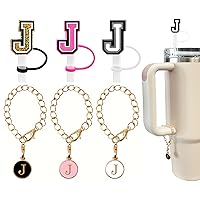 （3 +3) 3PCS Nuozme Straw Cover 10mm For Stanley Tumbler Cup Reusable Straw Cap Topper with 3 Initial Letter Charms Accessories Name ID Personalized Handle Charm For Stanley 30&40 Oz Cup Tumbler(J)