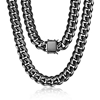 Mens Miami Cuban Link Chain Black Thick Stainless Steel Curb Chain Necklace, Hip hop Jewelry Choker Chain, 15mm Width/ 18-35 inch Lengths.