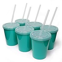 Rolling Sands 16 Oz. Reusable Plastic Stadium Cups with Lids, 6 Pack, USA Made Tumblers and Lids, Includes 6 Reusable Straws; Dishwasher Safe, Teal
