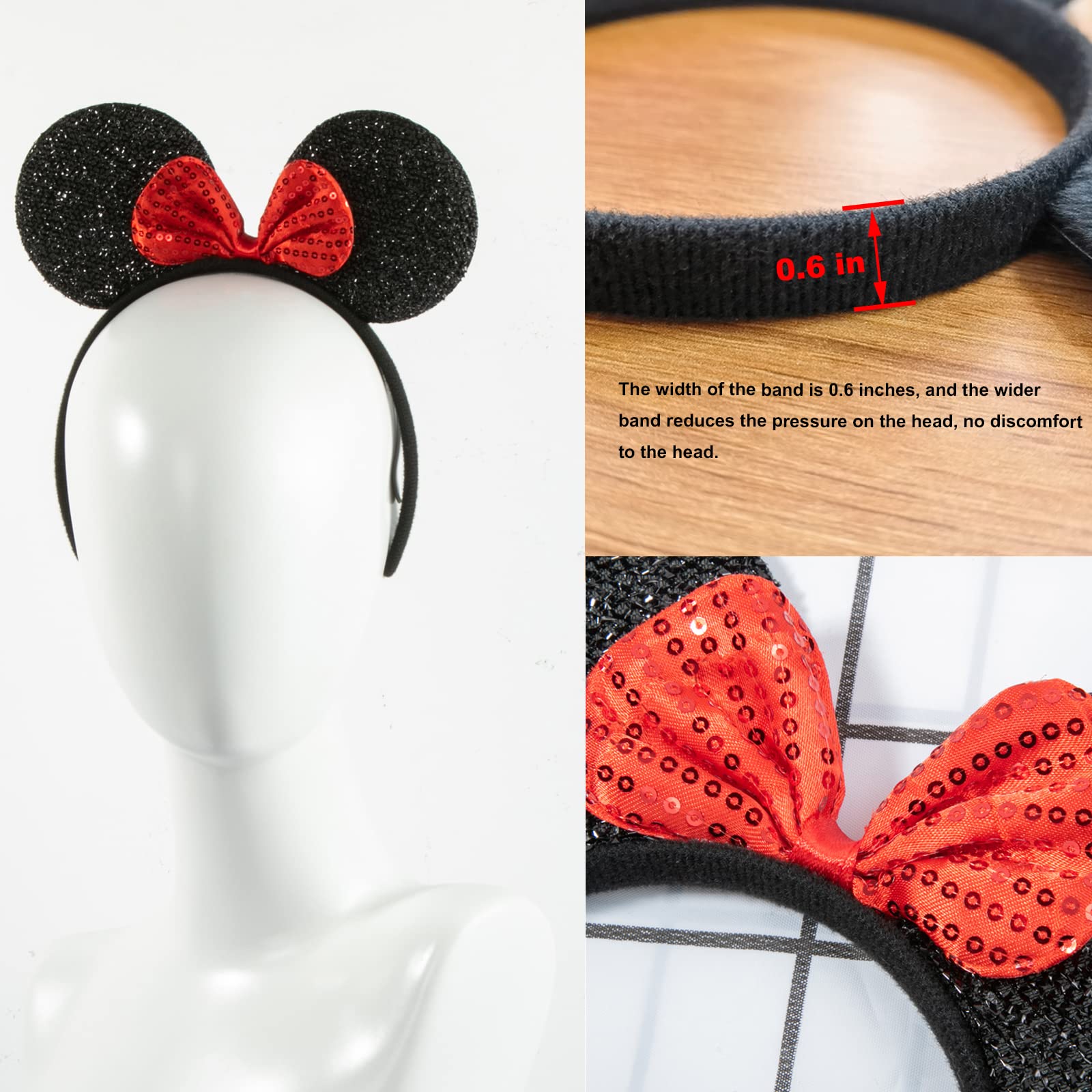 CHuangQi Mouse Ears Headband Pack of 12 for Boys and Girls Birthday Party or Celebrations, Solid Black and Red Bow