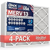 BNX TruFilter 20x25x1 Air Filter MERV 13 (4-Pack) - MADE IN USA - Electrostatic Pleated Air Conditioner HVAC AC Furnace Filters for Allergies, Pollen, Mold, Bacteria, Smoke, Allergen, MPR 1900 FPR 10