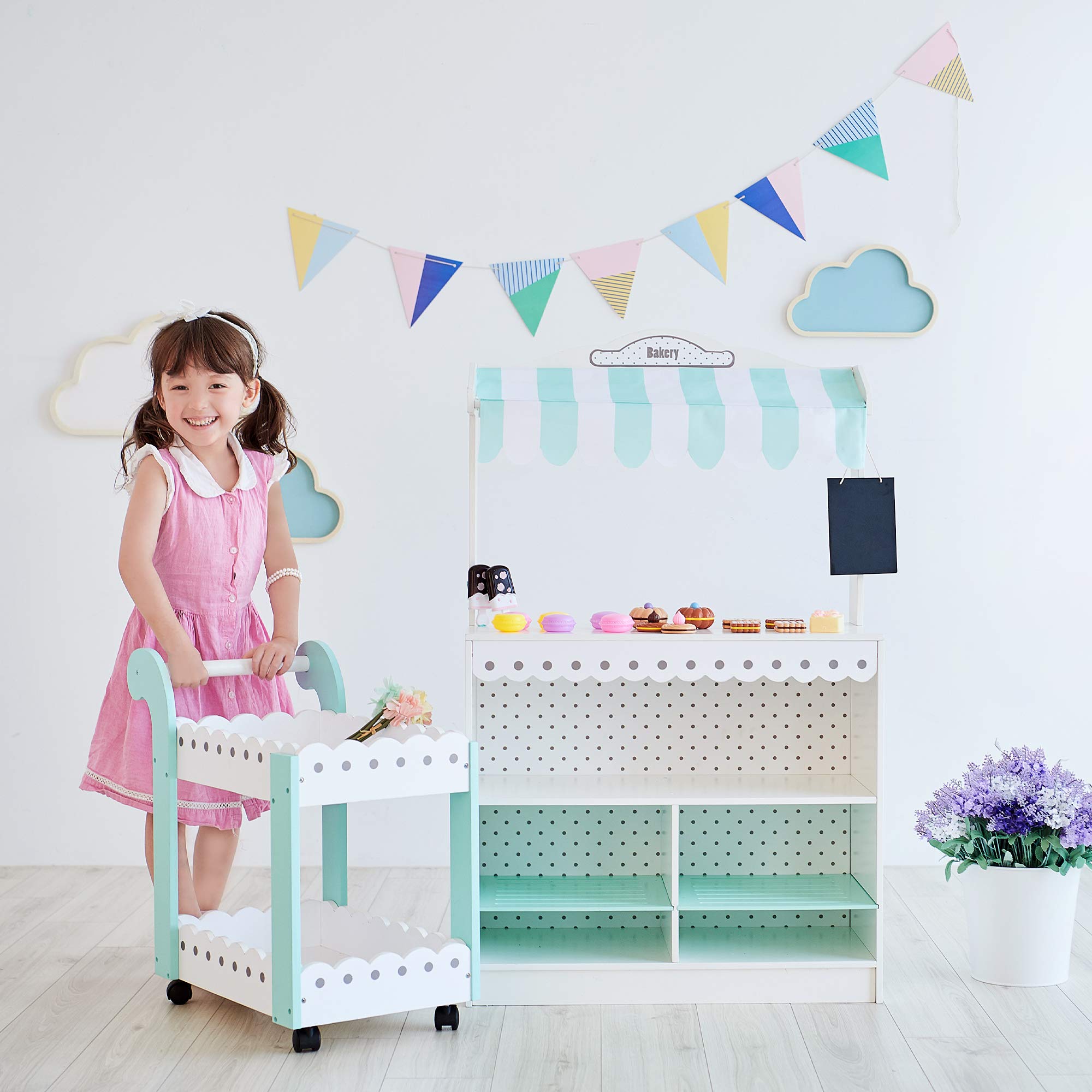 Teamson Kids Wooden Dessert Stand and Rolling Cart, Snacks and Sweets Food Cart, Kids Play Shop Play Food, Pretend Play Bakery Play Stand with 18 Accessories For Kids, Preschoolers Ages 3+, White/Blue