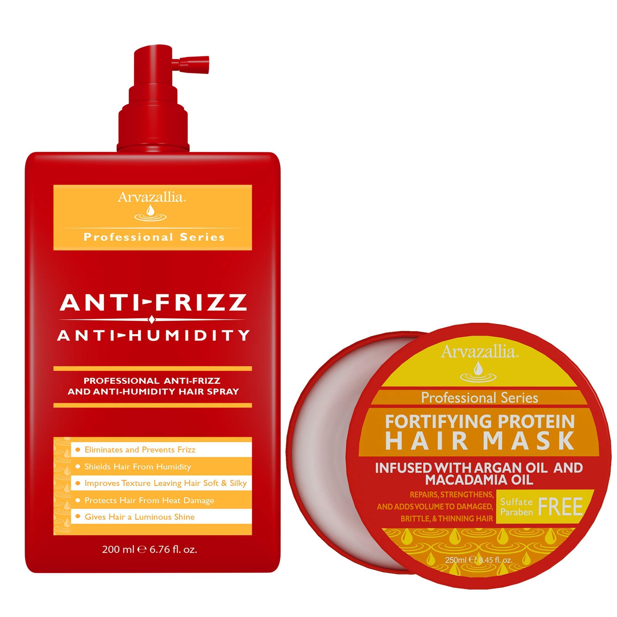 Arvazallia Fortifying Protein Hair Mask and Anti-Frizz Anti-Humidity Spray Treatment Bundle - Professional Frizz Control and Deep Conditioning for Soft, Gorgeous, Frizz-Free Hair