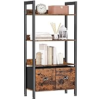 Furologee 4-Tier Bookshelf, Tall Bookcase with 2 Storage Drawers, Industrial Display Standing Shelf Units, Wood and Metal Storage Shelf for Living Room, Bedroom, Home Office, Rustic Brown