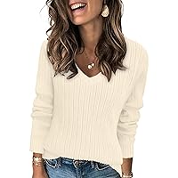 Womens Sweaters Fall Fashion 2023 V Neck Long Sleeve Tops Casual Trendy Loose Knit Pullover Jumper Tops
