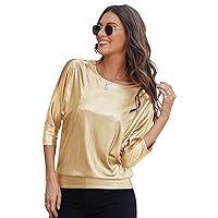 JASAMBAC Sequin Tops Women Sparkle Party Night Top Cold Shoulder Cross V-Neck Tunic Short Sleeve Tops Concert Outfit