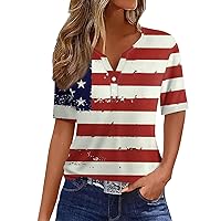 1776 4th of July T Shirt V Neck Button Stars and Stripes Pattern Cool Short Sleeve Independence Day Shirt Women