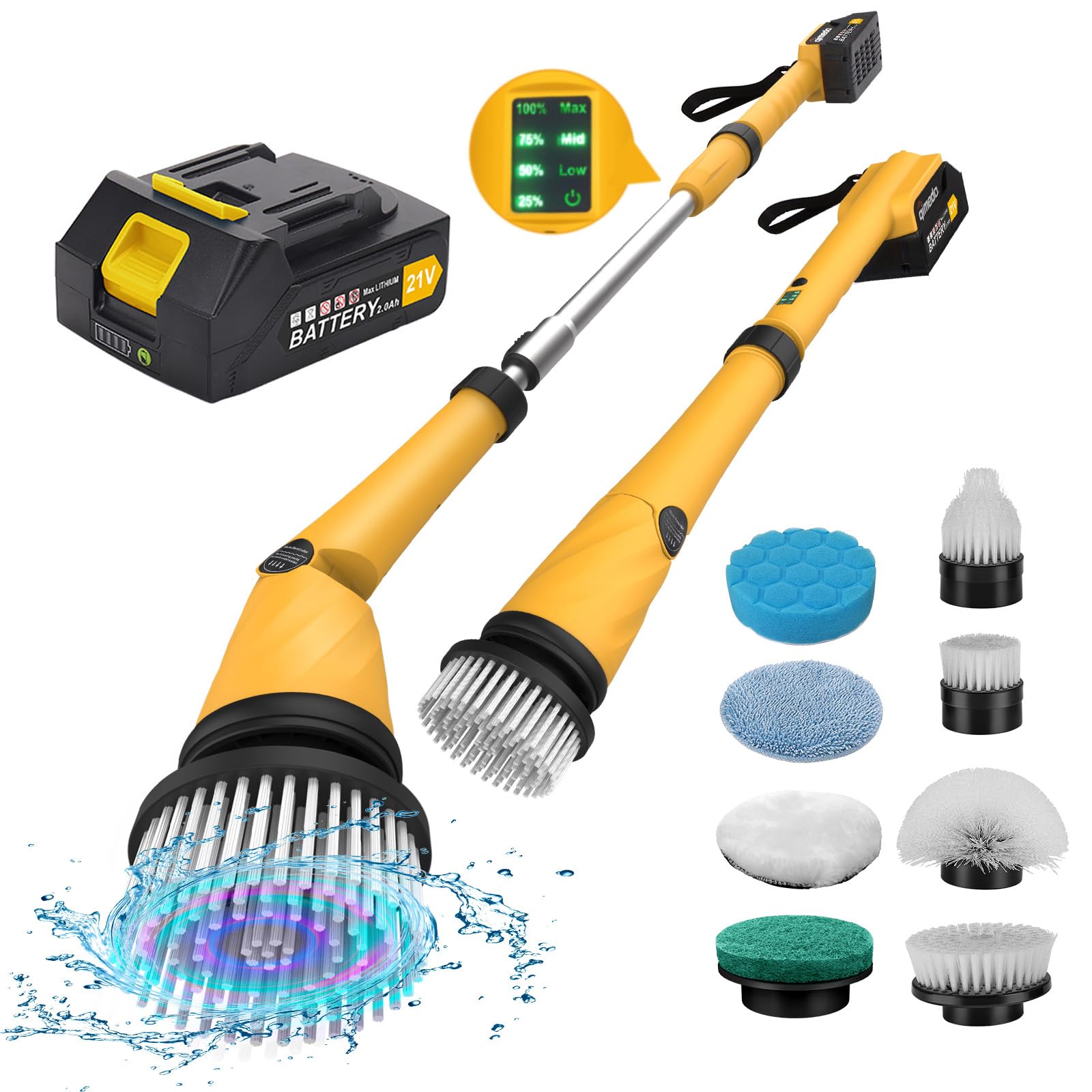 qimedo 1200 RPM Battery Electric Spin Scrubber, Highly Powerful Cordless Cleaning Brush with Smart Display, Electric Tile Floor Scrubber with 8 Brushes, Battery Powered Shower Scrubber