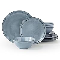 Famiware Aegean Plates and Bowls Sets, Dinnerware Set for 4, 12 Pieces Dish Set, Handmade Irregular Round Stoneware Dishware Set, Reactive Glaze Dinner Set, Blue Grey