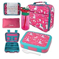 Bento Lunch Box with Insulated Bag, Water Bottle Ice Pack Set for Kids Toddlers, 5 Portion Sections, BPA Free Removable Tray, Pre-School Kid Toddler Daycare Lunches, Snack Container, Pink Unicorn