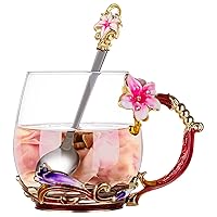 Tea Cup Birthday Gift for Mom Glass Enamel Lily Flower Tea set with Spoon Gift for Her Women for Mother's Day