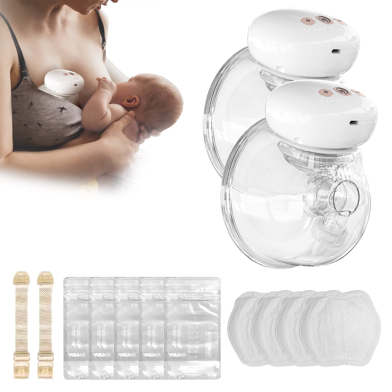 Breast Pump Hands Free Smart Silent Portable Double Electric Wearable, 3 Modes & 10 Levels Adjustment, 24MM Flange, Leak-Proof Painless Breastfeeding Breastpump Can Be Worn in-Bra, White