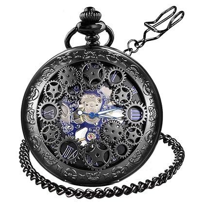 LYMFHCH Steampunk Blue Hands Scale Mechanical Skeleton Pocket Watch with Chain Mens Womens Watch Christmas Graduation Birthday Gifts Fathers Day