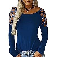 Andongnywell Womens Strappy Cold Shoulder Tops Casual Loose Basic T Shirts Round Neck Long-Sleeved Blouse