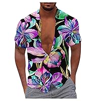 Mens Beach Shirt Men's Linen Shirts Casual Button Down Short Sleeve Summer Beach Shirts 03-Purple Medium