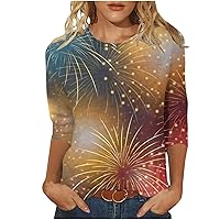 Womens Tops Dressy Casual 3/4 Sleeve Crewneck Print Graphic Tee Shirts Loose Pullover Blouse Fashion Trendy Clothes