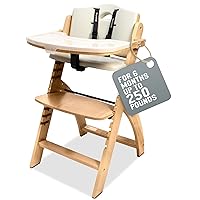 Abiie Beyond Junior Wooden High Chair with Tray - Convertible Baby Highchair - Adjustable High Chair for Babies/Toddlers/6 Months up to 250 Lb - Stain & Water Resistant Natural Wood/Dove Grey Cushion