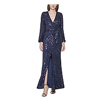 Vince Camuto Womens Navy Sequined Zippered Shoulder Pads Blouson Sleeve V Neck Full-Length Evening Gown Dress Petites 2
