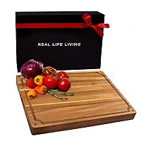 Premium Large Acacia Wood Cutting Board for Kitchen. 1.5in Extra Thick Chopping Board with Juice Groove. Non slip Reversible Butcher Block Countertop & Charcuterie Board gift set
