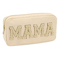 Chenille Letter Makeup Bag- Nylon Cosmetic Preppy Pouch For Travel and Organization, Glitter Cosmetic Bag With Zipper For Women and Children (Mama)