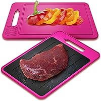 4 in 1 Defrosting Tray for Frozen Meat with Cutting Board, Ceramic Knife Honing Rod & Garlic Grater - Rapid Dethawing Defroster & Non-Slip Pink Chopping Boards to De Thaw by EliKai