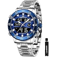 MEGALITH Mens Watch Digital Waterproof Stainless Steel Big Face LED Analog Multifunctional Outdoor Sports Watch, Men's Wrist Watches with Dual Time Backlight Display Alarm Stopwatch