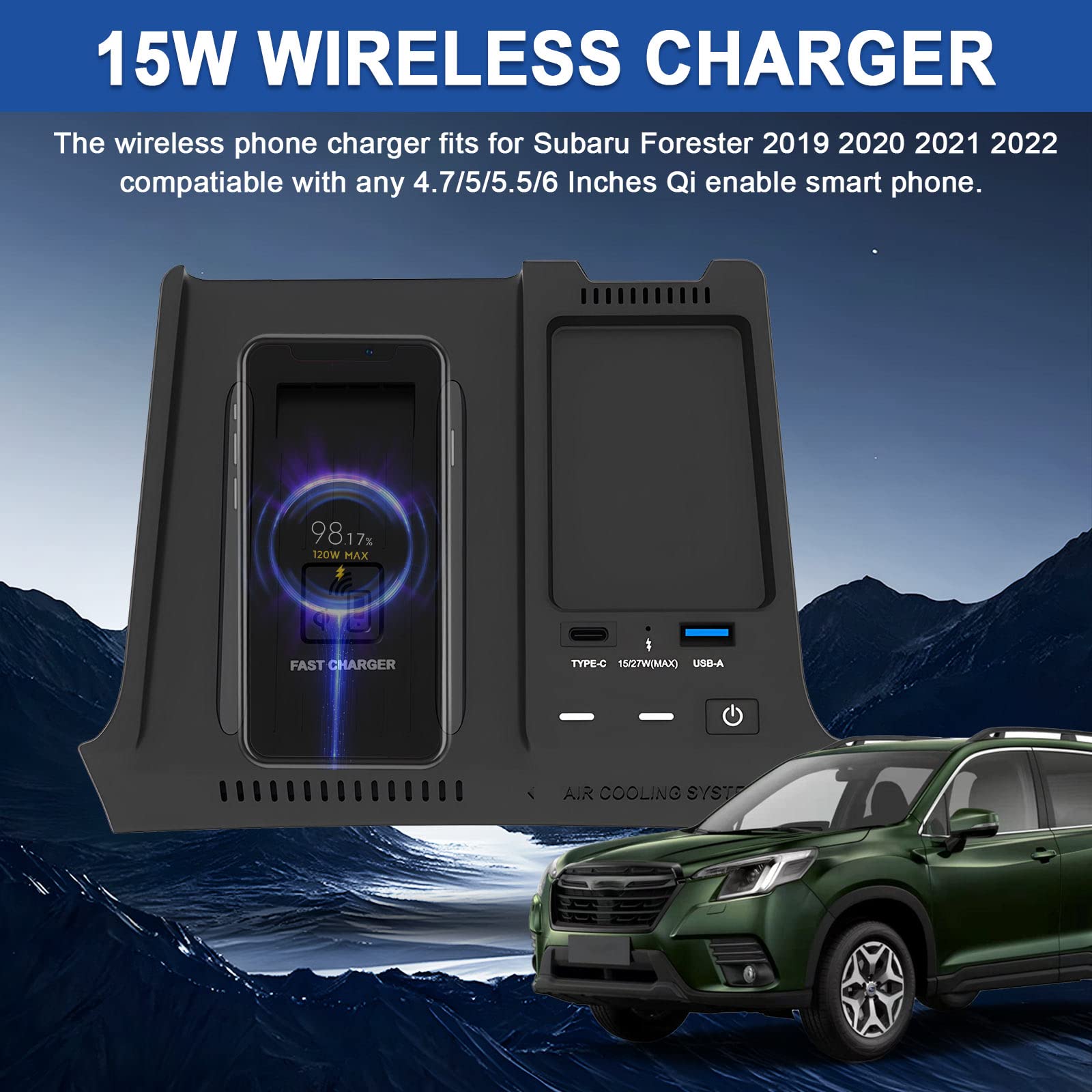 Shademax Custom Fit for 15W Wireless Car Charger Subaru Forester 2023-2021 with Dual Charging Pad 27W USB Port Faster Qi-Enabled Phone Charger Wireless Charging Station for Forester Accessories Black