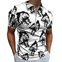 Bigfoot Mountain Pattern Men's Zippered Polo Shirts Short Sleeve Golf T-Shirt Regular Fit Casual Tees