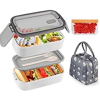 NatraProw Bento Box Adult Lunch Box, Bento Lunch Box For Adults Leak Proof, 2 Layer Bento Snack Box Set With Utensils & Bag & handle, Cute Bento Box Lunch Containers, Microwave Safe, BPA-Free(White)