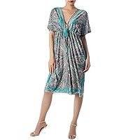 iB-iP Women's Plunge Deep V-Neck Floral Cozy Sack Relaxed Mid-Thigh Tunic Dress