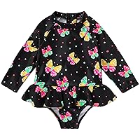 YOUNGER TREE Baby Swimsuit Girl Long Sleeve Ruffle Zipper Rash Guard Infant One Piece Swimwear Toddler Bathing Suit Girl(Colorful Butterflies,2-3 Year)