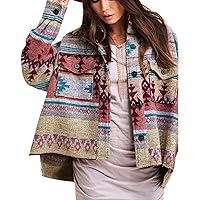 PEHMEA Women's Aztec Print Shacket Vintage Long Sleeve Button Down Flannel Shirts Jacket