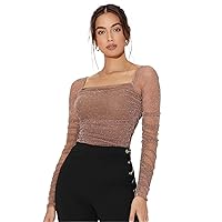 Women's Tops Mesh Panel Ruched Glitter Top Sexy Tops for Women