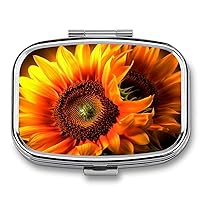 Orange Sunflower Wallpaper Print Pill Box 2 Compartment Metal Pill Organizer Travel Small Pill Case for Pocket Purse and Travel Gifts