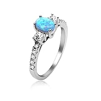 2.16g 925 Sterling Silver Birth-Stone Ring Oval Cut Created Blue Fire Opal with Round Clear CZ Accent Luxury Wedding Engagement Jewelry for Women (Size 5 6 7 8 9 10) JZ104