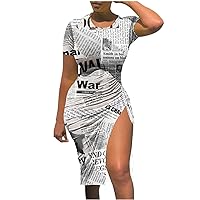 Date Night Outfit for Women Plus Size Bodycon Slit Midi Tshirt Dresses Ladies Summer Sexy News Paper Party Club Dress