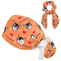 Adjustable Cute Chihuahua Dog Women Bouffant Cap with Buttons Scrub Hat for Woman