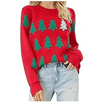Women's Christmas Sweater Pullover Long-Sleeved Tree Snowflake Pattern Knit Round Neck Sweater Top, S-XL