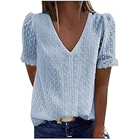 Womens Lace Floral Puff Sleeve Summer Tops Swiss Dot Chiffon Blouses 2024 Trendy Shirt V Neck Casual Loose Fit Tee Shirts