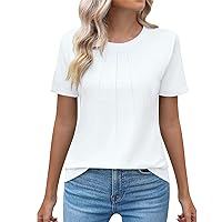 Womens Casual Crew Neck Short Sleeve Pleated Tops Blouses Fashion Clothes 2024 Womens T Shirts Dressy Summer Floral Tees