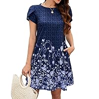 Bluetime Summer Dresses for Women 2024 Beach Floral Sundress Short Sleeve Pockets Casual Tshirt Dress