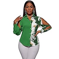 Floerns Women's Color Block Printed Long Sleeve Button Front Shirt Blouse Tops
