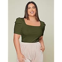 Plus Size Womens Tops Plus Ribbed Knit Scoop Neck Puff Sleeve Tee (Color : Army Green, Size : XX-Large)