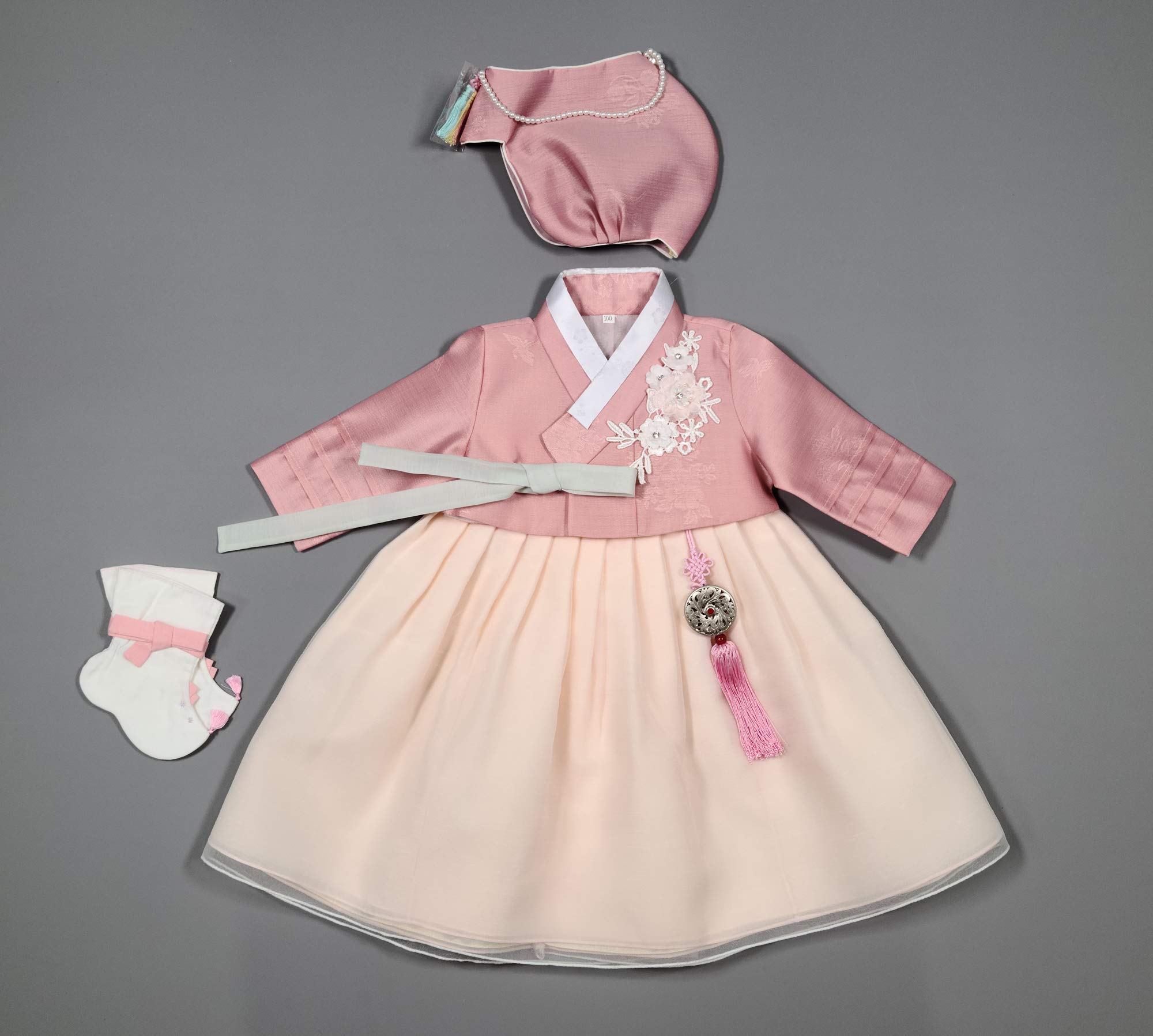 100 Day Birth Hanbok Korea Traditional Dress Lovely Dusty Pink Top Chiffon Layers Skirt